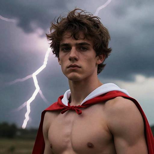 Determined Hero Under Stormy Skies