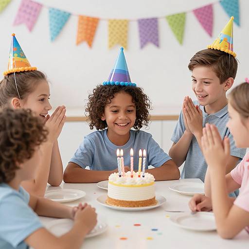 Photograph of five children with colorful party hats, laughing and clapping around a birthday cake with candles, in a brightly lit room with festive bunting