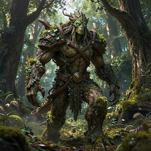 Digital art of a muscular, horned, forest creature with glowing green eyes, adorned in moss-covered, twisted wood armor in a sunlit forest.