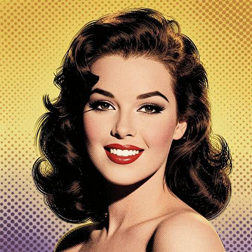 Vintage-style digital illustration of a smiling woman with wavy brown hair, red lipstick, and large eyes against a yellow-purple halftone background. Retro