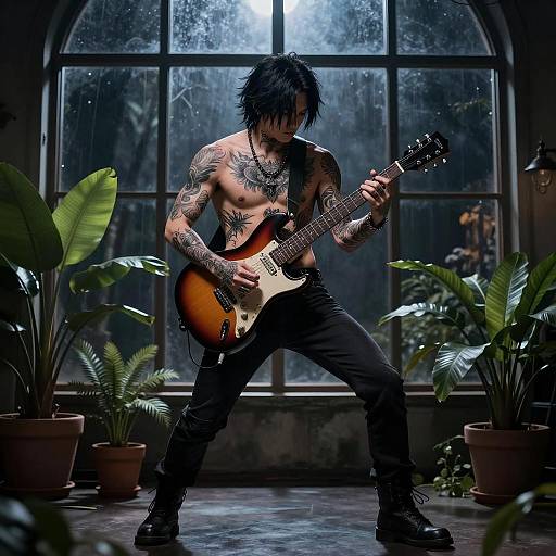 Anime Man with Guitar in Dramatic Lighting