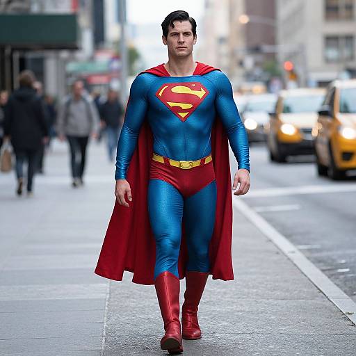 Photograph of a man in a Superman costume, blue bodysuit with red trunks and cape, red boots, walking a city street with blurred