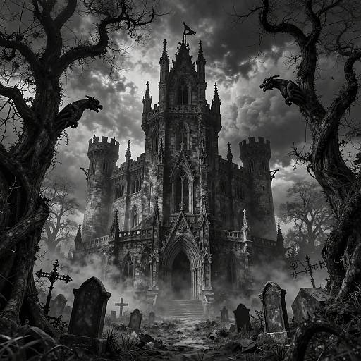 Gothic, black-and-white digital artwork of a haunting, castle-like cathedral surrounded by twisted trees, gravestones, and fog, under a