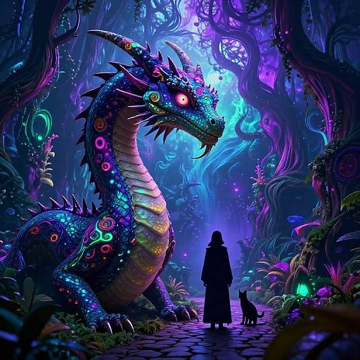 Digital artwork: Silhouetted figure and cat face giant, bioluminescent, multicolored dragon in a mystical, neon-lit forest