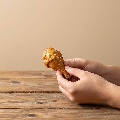 Photograph of hands holding a golden-brown, crunchy fried chicken piece on a rustic wooden table with a soft, beige background.