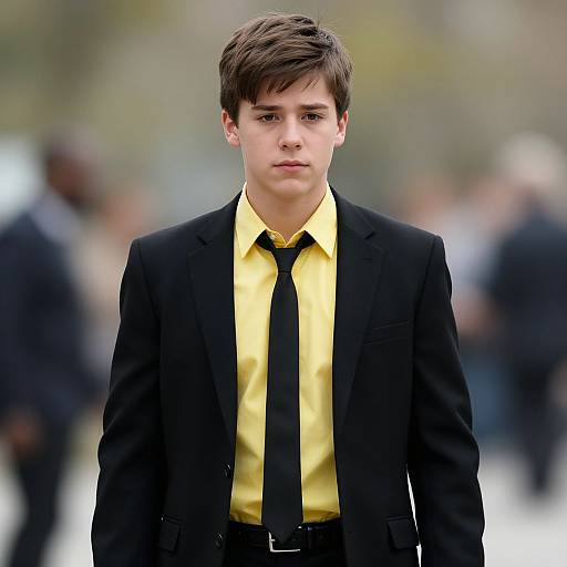 Photograph of a young white boy with short brown hair, wearing a black suit, yellow shirt, and black tie, standing in a blurred outdoor crowd
