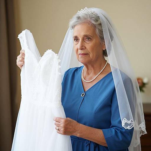 Elderly woman in a blue dress and white veil holding a white bridal gown, wearing a pearl necklace, indoors. Photograph.