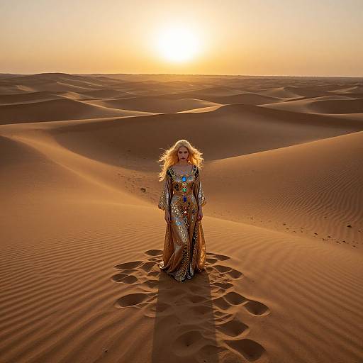 Photograph of a woman in a shimmering, sequined dress standing in a golden desert at sunset, with sand dunes in the background. Sun