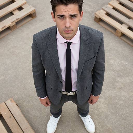 Photograph of a serious, dark-haired man in a gray suit, white shirt, black tie, and white shoes, standing on concrete surrounded by wooden