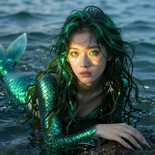 Digital artwork of a green-scaled mermaid with wet, wavy hair, lying in dark blue water, gazing intently with glowing green eyes
