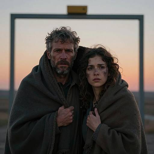 Man and Woman Huddled Under Blanket at Sunset