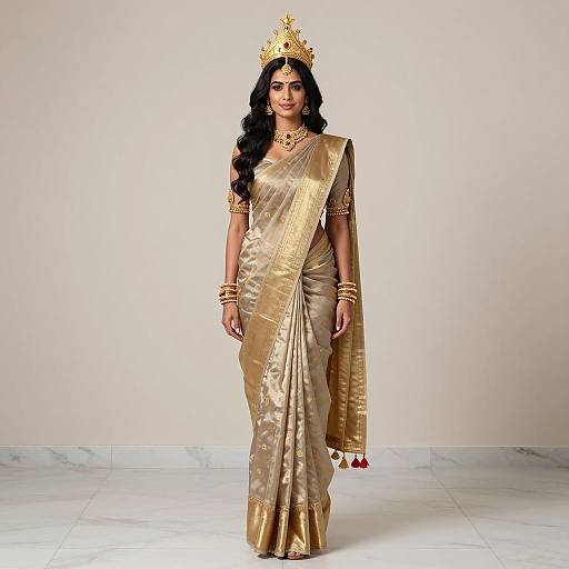 Indian Goddess in Traditional Golden Sari and Crown