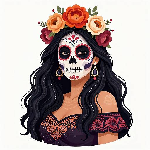 Digital art of a woman with a sugar skull face, black wavy hair, floral crown, off-shoulder dress, and flower earrings.
