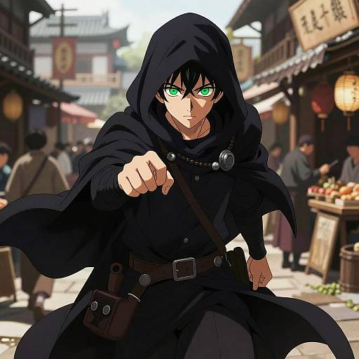 Digital anime-style drawing of a green-eyed, black-cloaked young man with a determined expression, pointing forward in a bustling market street.