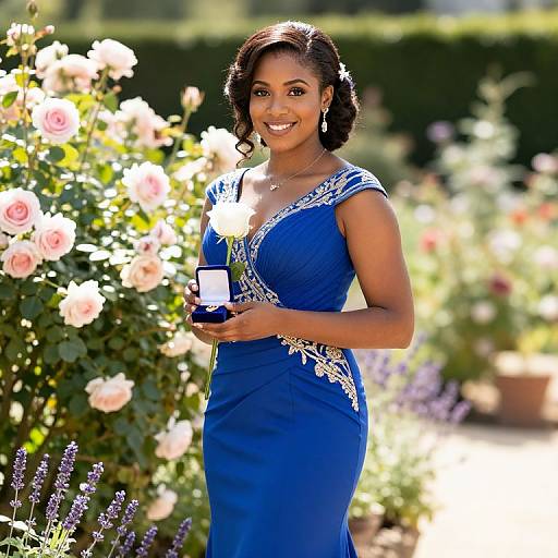 Photograph of a smiling Black woman in a blue, sleeveless dress with silver embroidery, holding a smartphone, standing in a sunlit garden with pink