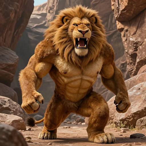 CGI image of a muscular, roaring male lion standing in a rocky canyon, with detailed fur texture and realistic lighting.