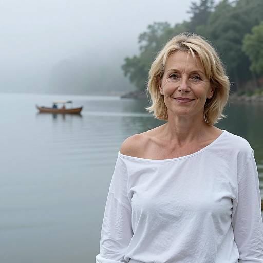 Serene Woman by Misty Lake Scene