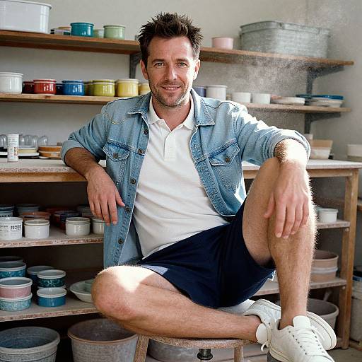Photograph of a smiling, casually dressed man with short dark hair, wearing a denim jacket, white shirt, black shorts, and white sneakers, sitting