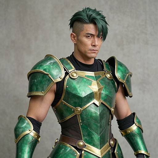 Photorealistic CGI of a muscular, dark-haired man with spiky green hair, wearing shiny green and gold armored chest and shoulder plates, black sleeve