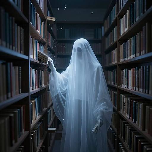 Photograph of a transparent ghost in a library, reaching for a book with glowing blue light, holding a book in its other hand, surrounded by dark