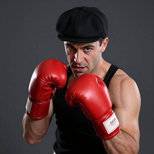 Photograph of a muscular, light-skinned man in a black tank top and flat cap, wearing bright red boxing gloves, poised in a fighting stance