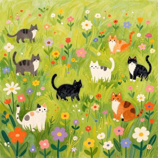 Folk Art Cats in Flower Field