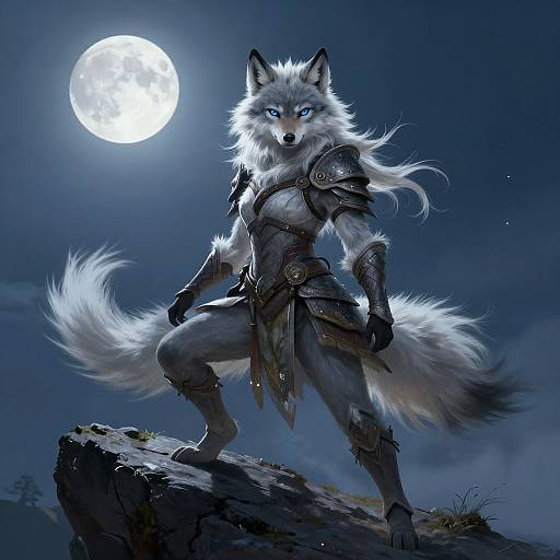 Digital artwork of a fierce, blue-eyed, armored white wolf standing on a rock under a bright full moon, with a dark, cloudy night sky.
