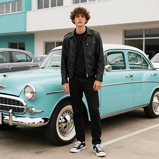 Photograph of a young man with curly brown hair, wearing a black jacket, black shirt, black pants, and black-and-white sneakers, standing in