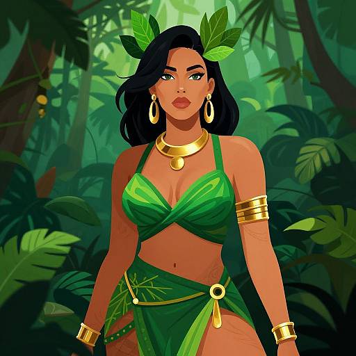 Digital illustration of a dark-skinned woman with black hair, wearing a green leafy bikini and gold jewelry, standing in a lush jungle.