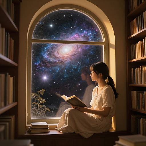Photograph of a woman in a white dress, reading a book, seated in a window nook, gazing at a starry, galaxy-filled