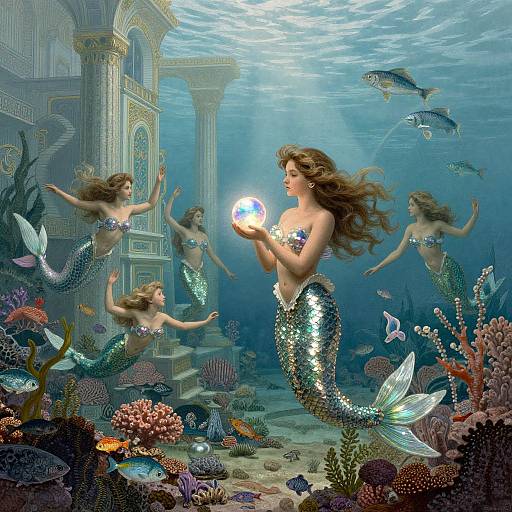 Digital artwork: Underwater scene with four mermaids, one holding a glowing orb, surrounded by colorful coral, fish, and ancient ruins.