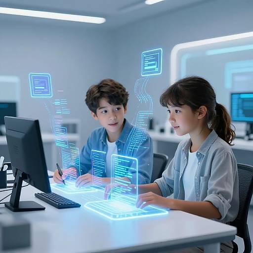 Photograph of two young children with curly and straight brown hair, sitting at a modern, illuminated white desk, using glowing blue holographic screens in a