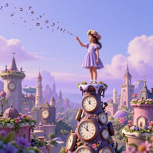Digital illustration of a girl in a blue dress with a flower crown, standing on a clock tower, blowing musical notes into a whimsical, flower-filled