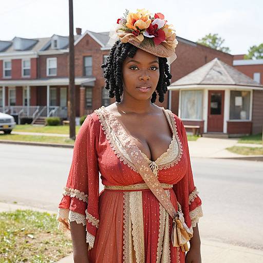 Photograph of a beautiful Black woman in a red, lace-trimmed Victorian-style dress with a floral headpiece, standing in front of suburban houses