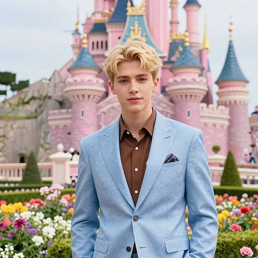 Young blonde man in light blue suit, brown shirt, black pocket square, stands before colorful, pink-castle garden with vibrant flowers. Photograph.