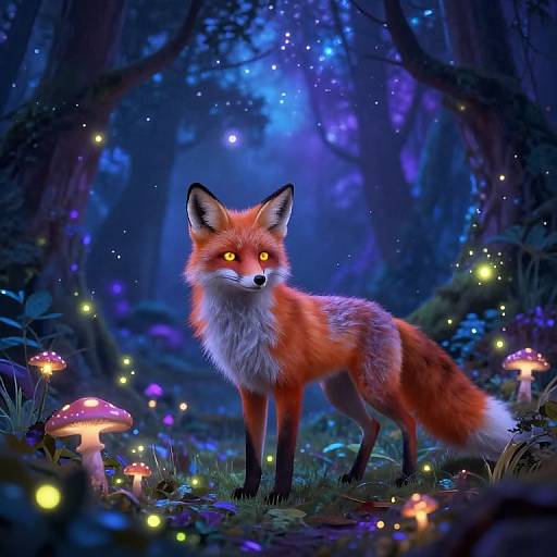 Digital fantasy artwork of a glowing-eyed red fox standing in a mystical forest, surrounded by glowing mushrooms and fireflies.