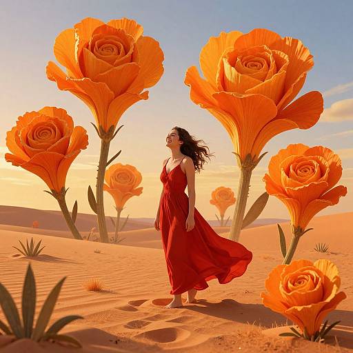 Photograph-like digital art: Woman in flowing red dress stands in surreal orange rose-filled desert, sunset lighting, large flowers towering around her.