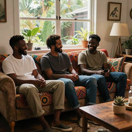 Photograph of three Black men with beards, casually dressed, sitting on a colorful patterned couch in a sunlit living room, smiling and chatting