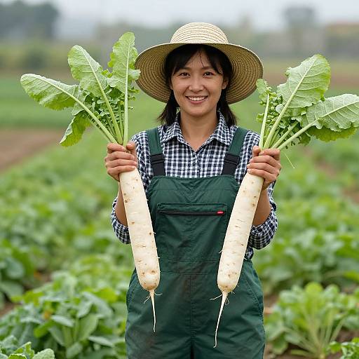 Photograph of smiling Asian woman in green overalls and straw hat, holding two large white daikon radishes with green leaves. Background: lush,