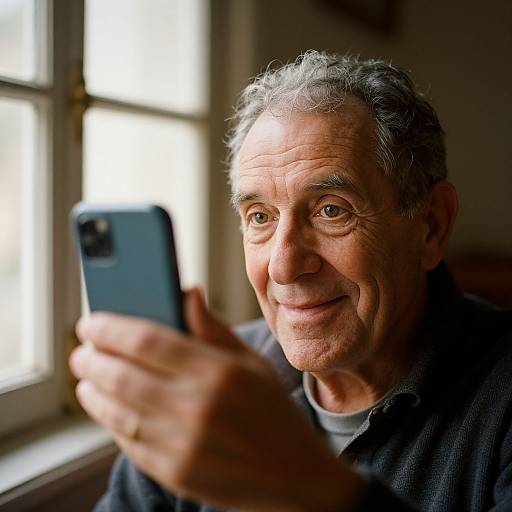 Photograph of an elderly man with gray hair, smiling, holding a blue smartphone, taking a selfie by a sunlit window.