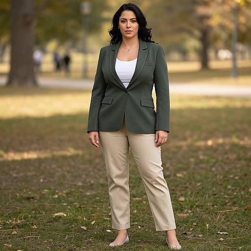 Photograph of a confident, curvy woman with dark curly hair, wearing a green blazer, white top, beige pants, and pointed shoes,