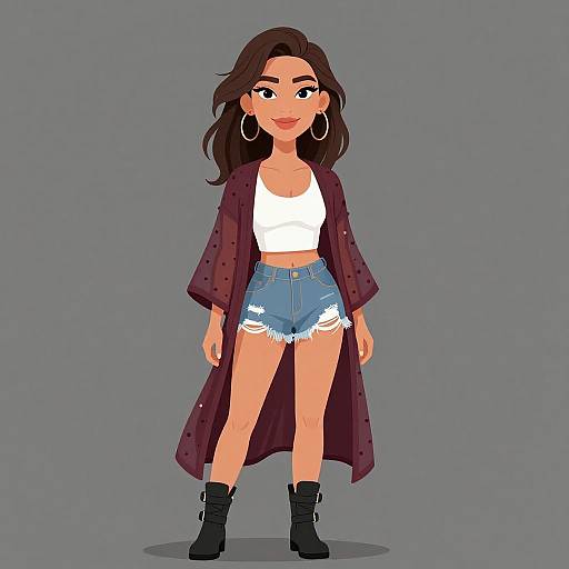 Digital illustration of a woman with medium brown skin, long dark hair, large hoop earrings, white crop top, denim shorts, long maroon coat,