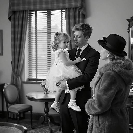Father Holding Daughter in Formal Setting