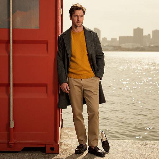 Photograph of a handsome man with short brown hair, wearing a yellow sweater, dark blazer, beige pants, and black shoes, leaning against a