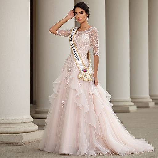 Photograph of a slender, dark-haired woman in a full, lace and tulle, pink ball gown with three-quarter sleeves, adorned with a s