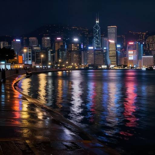 Photograph of a vibrant, neon-lit city skyline at night, with colorful reflections on a wet, curved waterfront path.