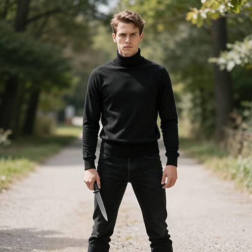 Sunlit Man in Black Turtleneck with Knife