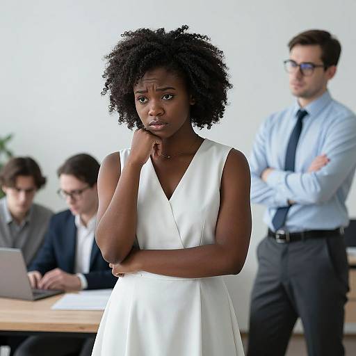 Photograph of a serious Black woman with natural afro in a white sleeveless dress, standing in a modern office with three blurred colleagues, one with