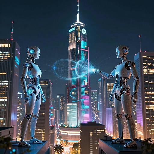 Cybernetic Beings in Neon Cityscape