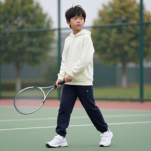 Photograph of a young Asian boy with black hair, wearing a white hoodie, black pants, and white sneakers, holding a tennis racket, walking on